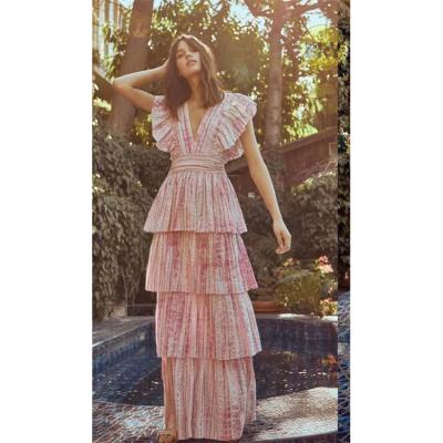 China 2021 Summer Dress Women Anti-Static Backless Ruffle Stitching Printing Dyeing V-Neck Dresses Women Beach Casual Dress for sale