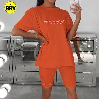 China Anti-pilling 2021 Women's Clothing 2 Pieces Set Women T-shirts Plain Logo Women Summer Short Set Custom Fashion Loose Slim T-shirt for sale