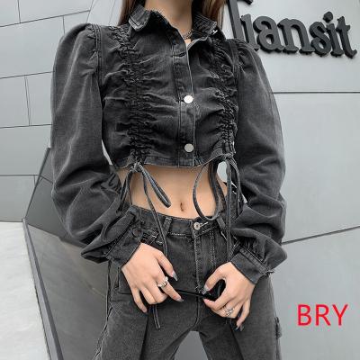 China Lady 2021 Hot Sale Anti-Wrinkle Jacket Jeans Fashion Woman Denim Jacket Bubble Sleeve Bandage Wholesale Denim Jackets For Women for sale