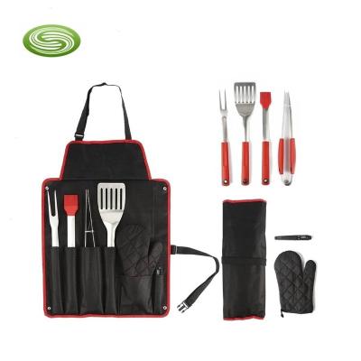 China Easily Cleaned Apron With 7pcs Plastic Barbecue Tool Handle Grill Sets for sale