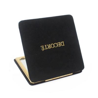 China Double Sided ABS Plastic Plating Frame 70mm Double Sided Leather Pouch Folding Mirror Gift Makeup Black Square PU Custom Logo for sale