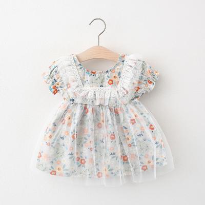 China 2021 New Anti-wrinkle Baby Girls Clothing Lace Collar Flower Print Baby Skirt Dress Kids Dresses for sale