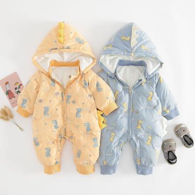 China Full Sleeve Winter Thickened Baby Down Jacket One-Piece Romper 90% White Duck Down Jacket Baby Warm Dinosaur Hooded Going Out Suit for sale