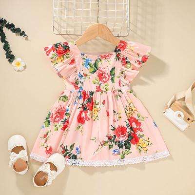 China Anti-wrinkle European and American children's summer baby wear fly sleeve over printing skirt casual dress for sale