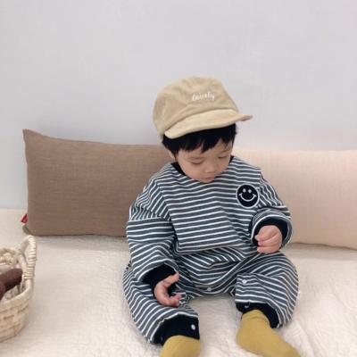 China Autumn Winter Gray Pinstripe Smile Regular Sleeve Baby Romper Warm Soft Cotton Baby Clothes Unisex Baby Overalls Romper for sale