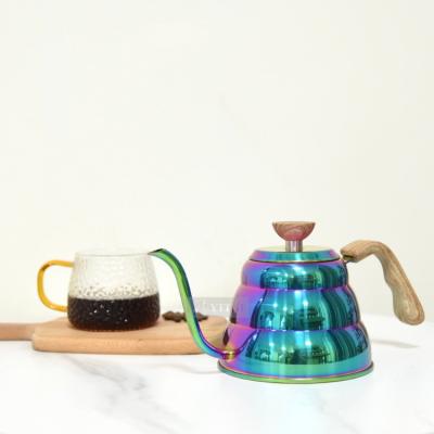 China Hot Selling Viable 1.2L Pour Over Coffee Drip Kettle Rainbow Handle Stainless Steel Gooseneck Wooden Coffee Tea Kettle for sale