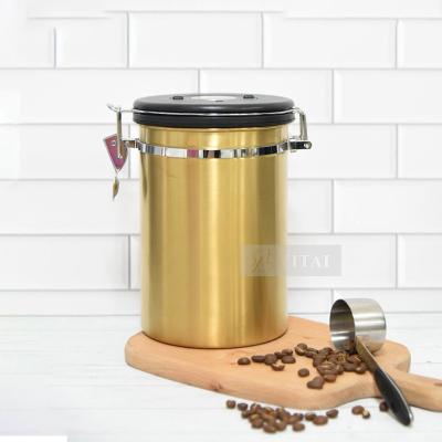 China Airtight Vacuum Sealed Coffee Bean Storage Coffee Canister Freshness Preservation Coffee Scoop Stainless Steel Gold Food Tea Set for sale