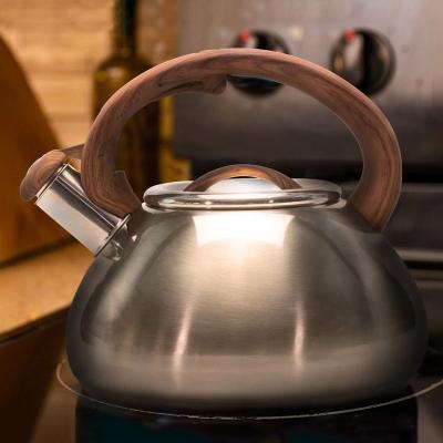 China Sustainable Minimalist Bollitore Kettle With Whistling Tea Kettle Stove Stainless Steel Wood Top Handle Whistling Kettle for sale