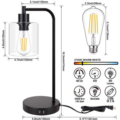 China Double USB Ports 3 Way Dimmable Vintage Bedside Nightstand Lamp Shade Industrial Filling Clear Glass Desk for sale