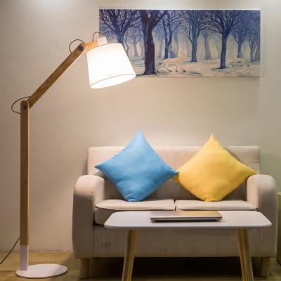 China Modern White Fabric Floor Standing Light With Round Wood Shade E27 Floor Lamp for sale