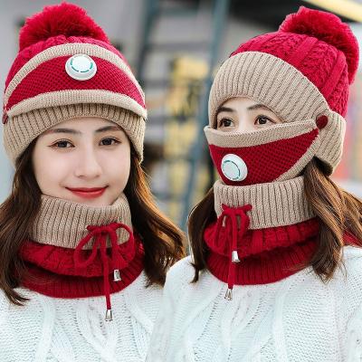 China COMMON 3 Pieces Women Knitted Hat Scarf Set Covers Neck Warmer Winter Hat Girls Ladies Skullies Beanies Hats for sale