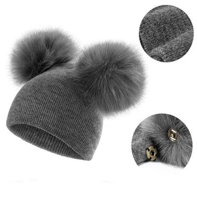 China Character Toddler Kids Baby Winter Warm Wool Knit Fur Pom Pom Beanie Hat Girls Boys Beanie Hat for sale