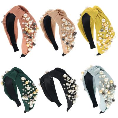 China Hair Bow Headband Women Girls Pearl Decoration Top Knot Hair Accessories Flower Headband for sale