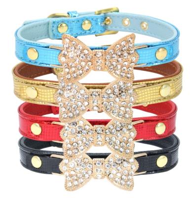 China Hot Viable Style Diamond Bow Pet Collar Snake Gold Butterfly Dog Collar Pu Pet Leash Collar for sale