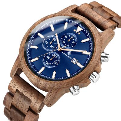 China Kunhuang Unisex Wood Watch For Man Fashion Multifunction Three-eye Chronograph Six-pin Sports Male Luminous Sport Quartz Wrist Watch for sale