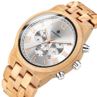 China Kunhuang Unisex Wood Watch For Man Watches Multi-Function Chronograph Large Dial Casual Calendar Sports Quartz Wristwatch for sale