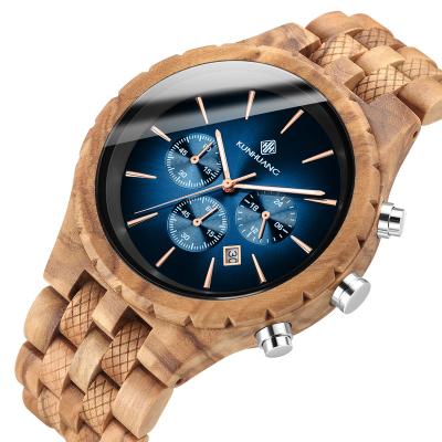 China Kunhuang watch men's fashion multi-function chronograph wooden watch unisex simple pure wood quartz sports wristwatch for sale