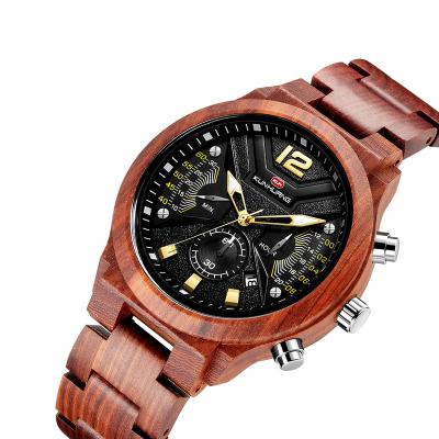 China Kunhuang watch men's fashion multi-function chronograph wooden watch unisex simple pure wood quartz sports wristwatch for sale