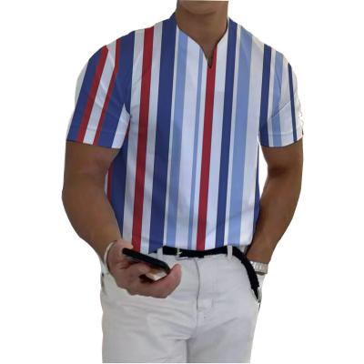 China Summer Casual Top Anti-wrinkle Custom Logo T-shirt Men's Striped V-Neck T-Shirt for sale