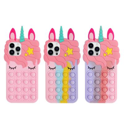 China Shockproof Push Bubble Silicone Toys Wiggle Him Rainbow Cute Unicorn Cross Phone Case With Strap - Body For iPhone 13 Pro Max for sale