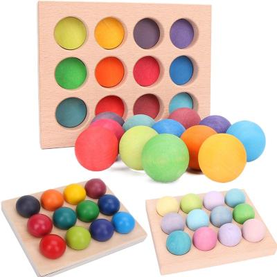 China Natural Bass Wood Ball 12pcs Rainbow Environmental Balls Stacker With Tray Bond Sorting Wood Balls Toys A Montessori Prepare Routine for sale