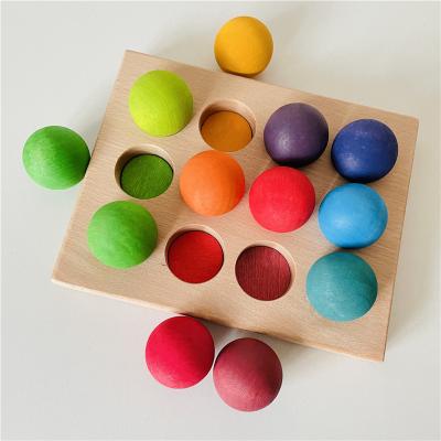 China Eco-friendly Material Rainbow Color Matching Wooden Board Balls 3.5cm With Tray Cognitive Matching Montessori Educational Toys For Kids for sale