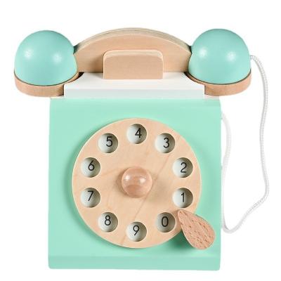 China Antique Vintage Dial Telephone Pretend Game Montessori Edcuation Early Interactive Wooden Toy Role Play For Children 20*18*16cm for sale