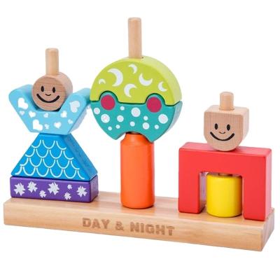 China Eco-friendly Material Day And Night Pillar Blocks Montessori Wooden Block Toys Parent-child Interaction Games Form Building Block for sale