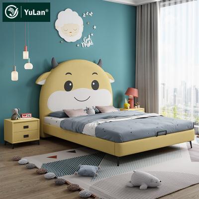 China Other Yellow Leather Cow Headboard Bedding Set Kids Beds Furniture Queen Size Single Wooden Frame Bed For Girls for sale