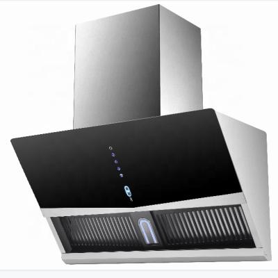 China Low Noise Wall Mounted Hotel Kitchen Range Hood Exhaust Fan Black Glass Chimney Insulation for sale