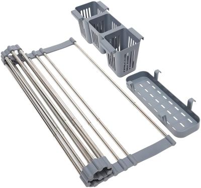 China Kitchen Folding Stocked Silicone Draining Rack Dish Drying Rack Stainless Steel Folding Dish Rack with Fork Holder for sale