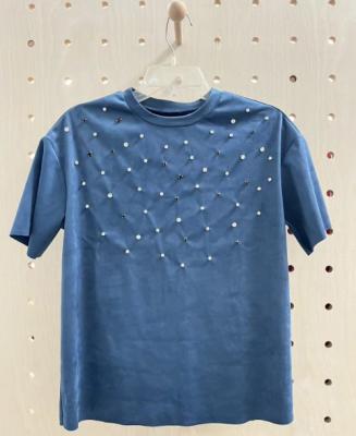 China Luxurious rhinestone-embellished indigo suede T-shirt for sale