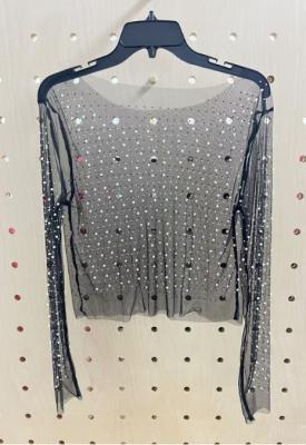 China A black mesh top adorned with rhinestone and pearl embellishments, transforming you into a fashion icon for sale