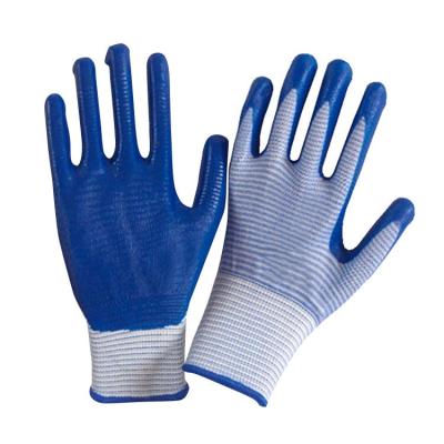 China Construction Bule Stripe Nylon Spandex Liner Nitrile Coated Gloss Hand Labor Gloves for sale