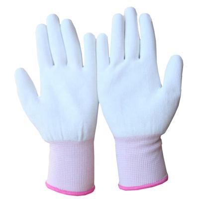 China Electronics light industry assembly hand protection lady using cuffs pink elastic polyurethane dipped PU white palm top fitting gloves for sale