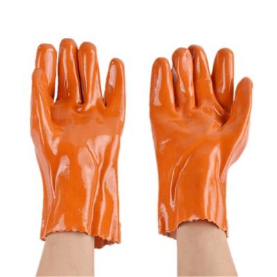 China Cheap Construction Household Farm Fishing Hand Safety 27cm Orange Agricultural Cotton Lined Waterproof PVC Work Gloves for sale