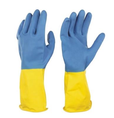 China Hot Selling Construction Classic Two Color Chemical Resistant Household Latex Blue Yellow Industrial Clean Flocklined Rubber Gloves for sale