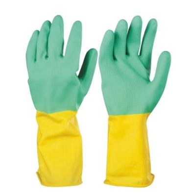 China Cheap hotsale yellow green two color household construction industrial flock lined chemical resistant latex rubber cleaning gloves for sale