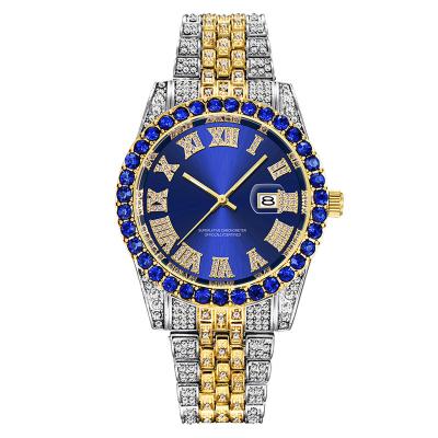 China Hot Auto Date Diamond Encrusted Men's Hip Hop Style Wristwatches Personality Diamond Watch Roman Quartz Men Watch for sale