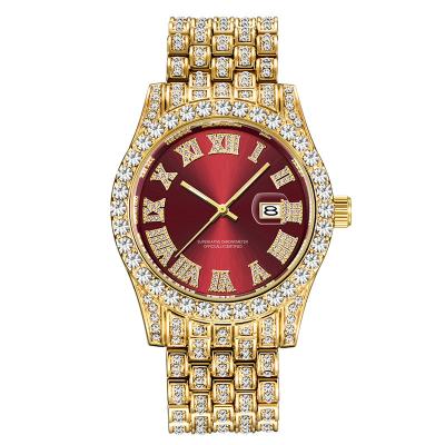 China Big Dial Mens Private Label Rhinestone Quartz Analog Watches Custom Logo Hip Hop Diamond Watches Auto Date Full for sale