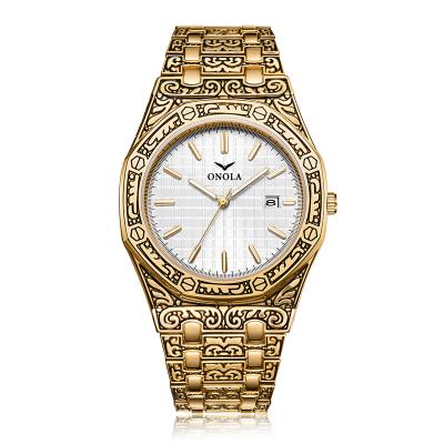 China Onola Automatic Unique Design Gold Date Wristwatches Unisex Watch Silver Engraved Watch for sale