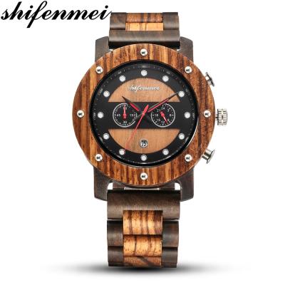 China Wholesale High Quality Wooden Bezel 6 Hands Chronograph Ebony Wood Watch Steel And Wood Watch For Men for sale