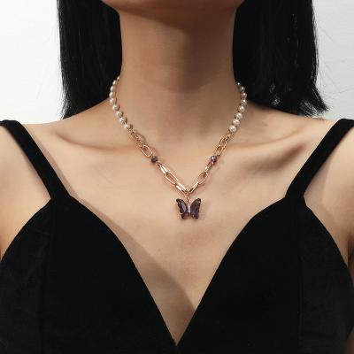 China CLASSIC Luxury Jewelry Stainless Steel Real 14k Gold Plated Butterfly Necklace Pearl Clavicle Chain Crystal Pendant For Girl for sale