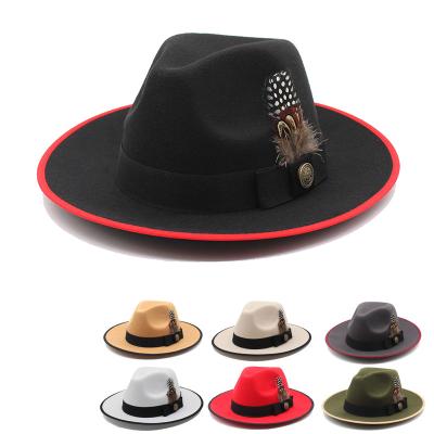 China Luxury Character Fall Felt Fedora Hats Women Men Feather Trim Porkpie Meat Pie Hats Customized Trilby Wool Fadora Hat for sale