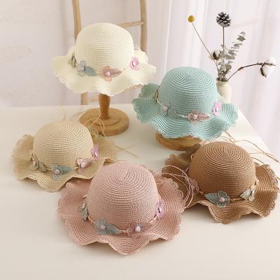 China Fashional Toddler Straw Hat For Children Raffia Floral Straw Hats Kids Sunscreen Beach Sun Hat Summer Outdoor Foldable Wide Brim Bucket for sale