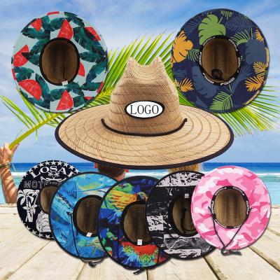 China Low MOQ Fashional Embroidery Patch Beach Surfing Wide Brim Straw Hat For Vacation Lifeguard Mat Grass Custom Sun Hats for sale