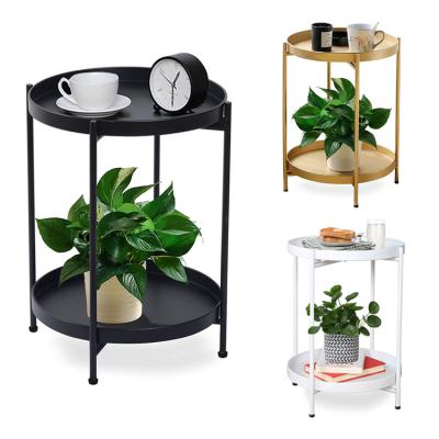 China Small Bedside Tray Folding End Table Metal Round Coffee Snack Side Table (Height) Adjustable Modern Living Room 2-Tier for sale