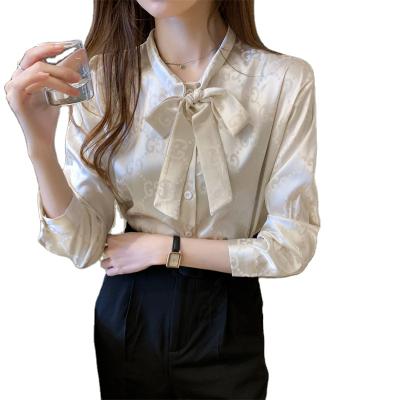 China Anti-pilling New Spring Women Print Long Sleeve Loose Blouses Lady Chic Bow Stain Slim Streetwear Tops for sale