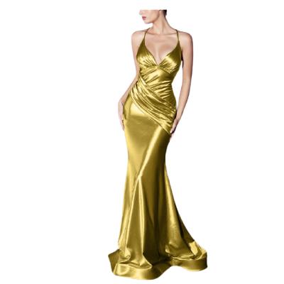 China Anti-Static A-Line Spaghetti Strap Gold Long Sparkly Backless Prom Dresses Evening Dresses for sale