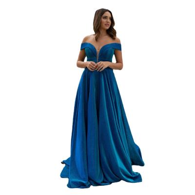 China Stunning Ball Gown Anti-Static V-Neckline Off The Shoulder Sweetheart Blue Sparkles Formal Elegant Prom Dresses for sale